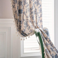 Blue Floral Window Curtain - Semi-Sheer - Tassel Trim - Elegant Home Decor