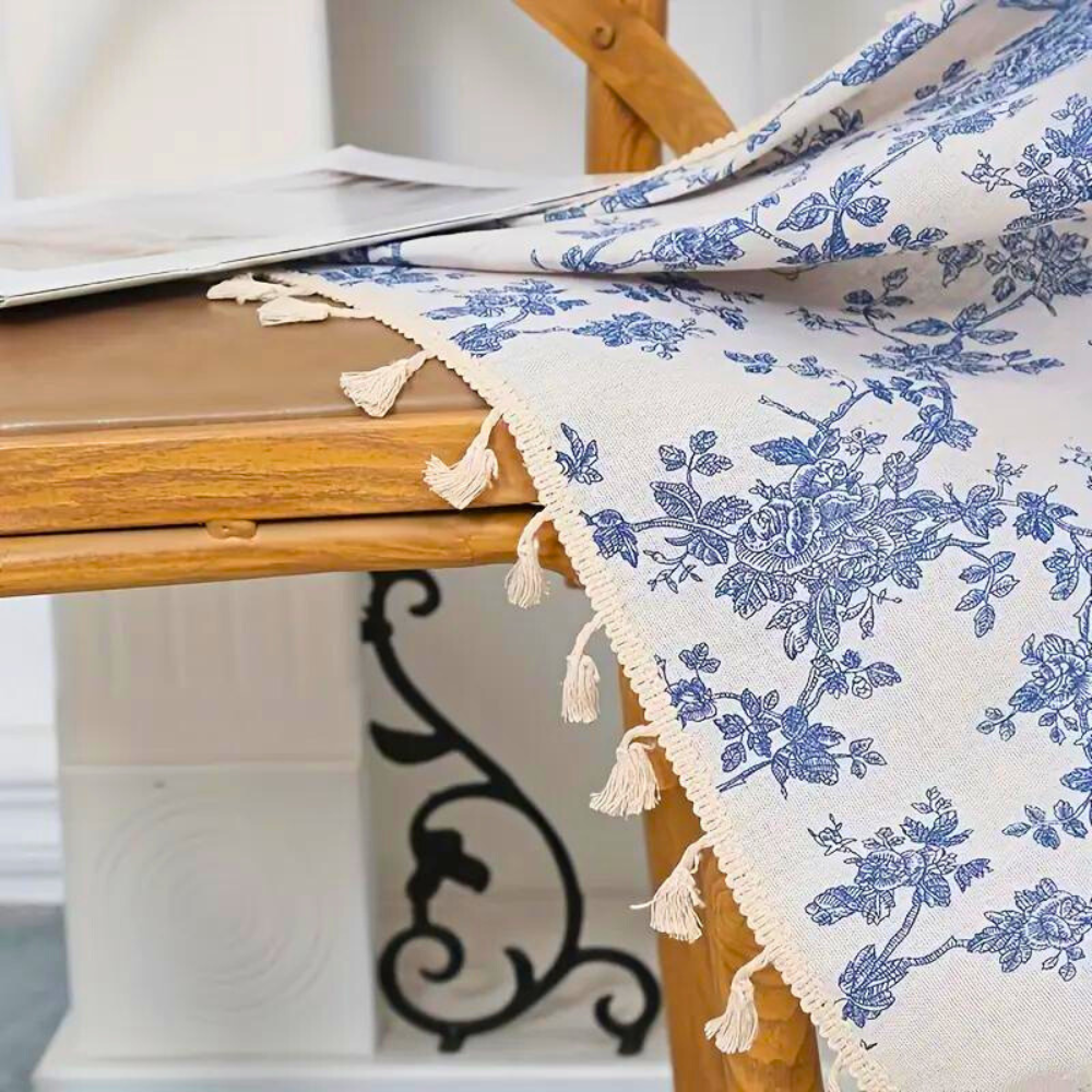 Blue Floral Window Curtain - Semi-Sheer - Tassel Trim - Elegant Home Decor - Image 2