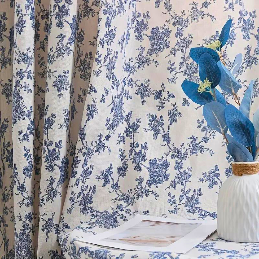 Blue Floral Window Curtain - Semi-Sheer - Tassel Trim - Elegant Home Decor - Image 3