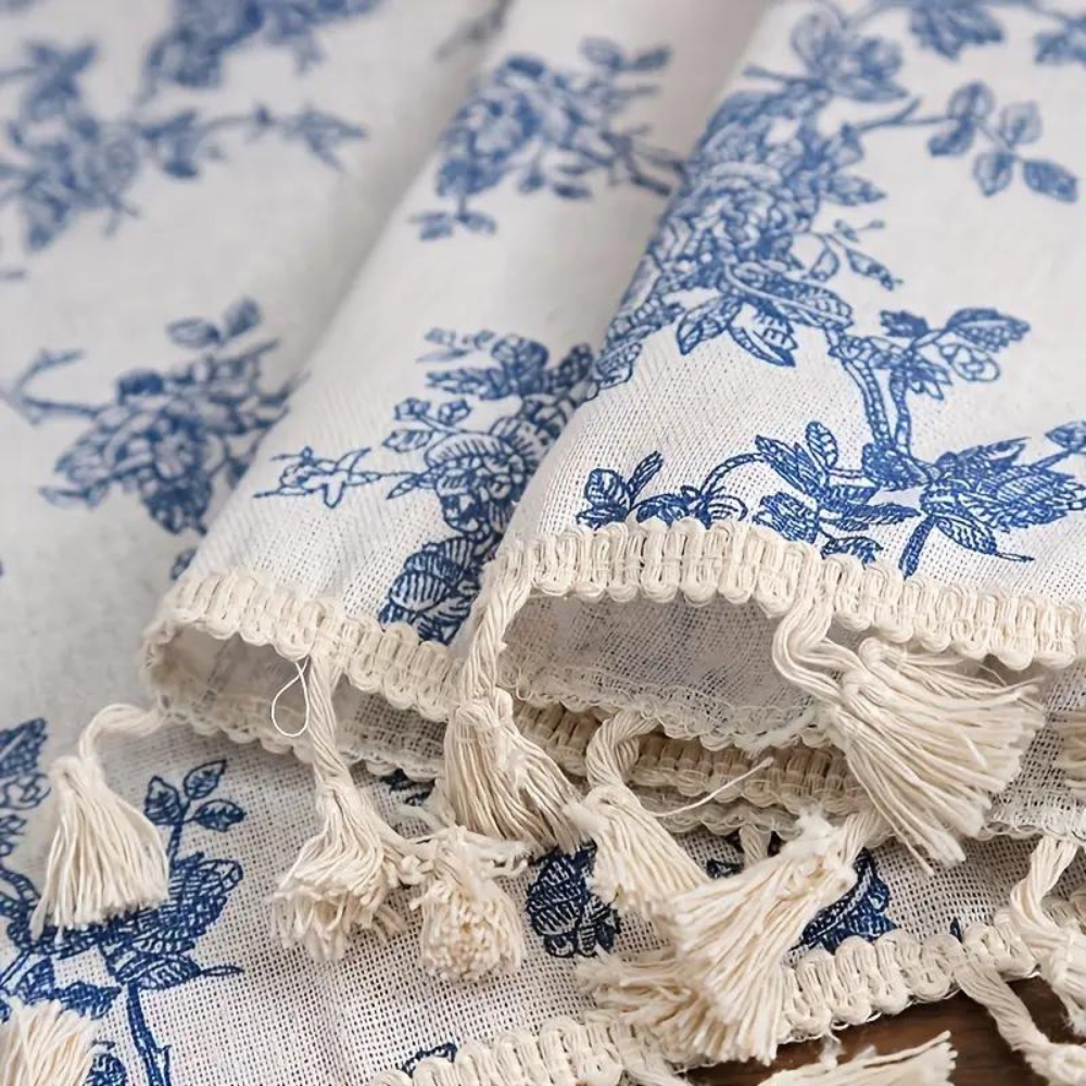 Blue Floral Window Curtain - Semi-Sheer - Tassel Trim - Elegant Home Decor - Image 4