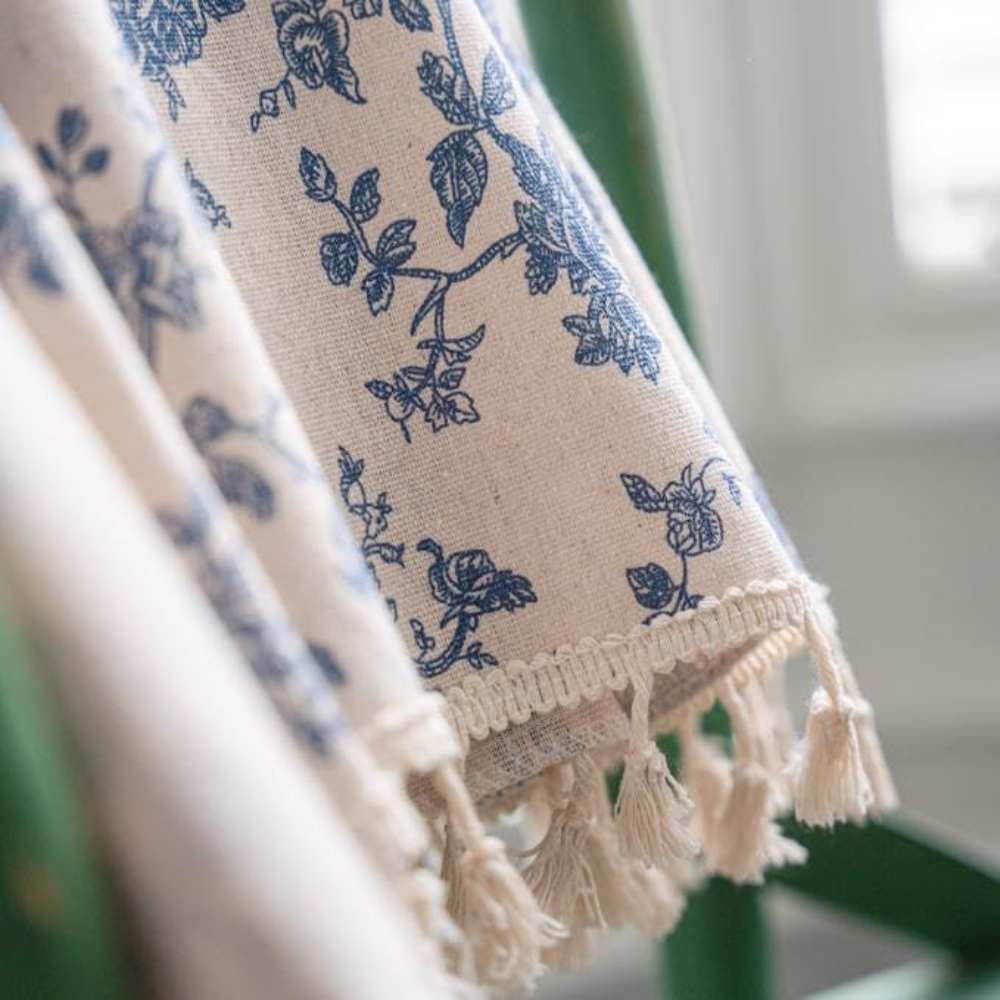 Blue Floral Window Curtain - Semi-Sheer - Tassel Trim - Elegant Home Decor - Image 5
