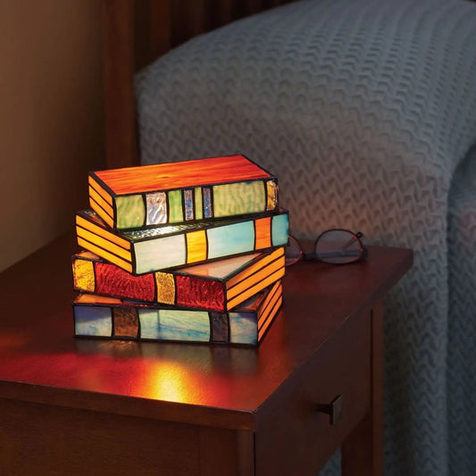 Book Stack Lamp - Stained Glass Accent Light - Decorative Novelty Table Lamp - Image 1
