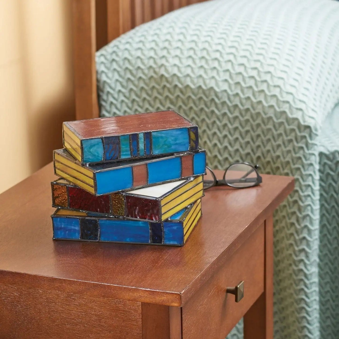 Book Stack Lamp - Stained Glass Accent Light - Decorative Novelty Table Lamp - Image 2