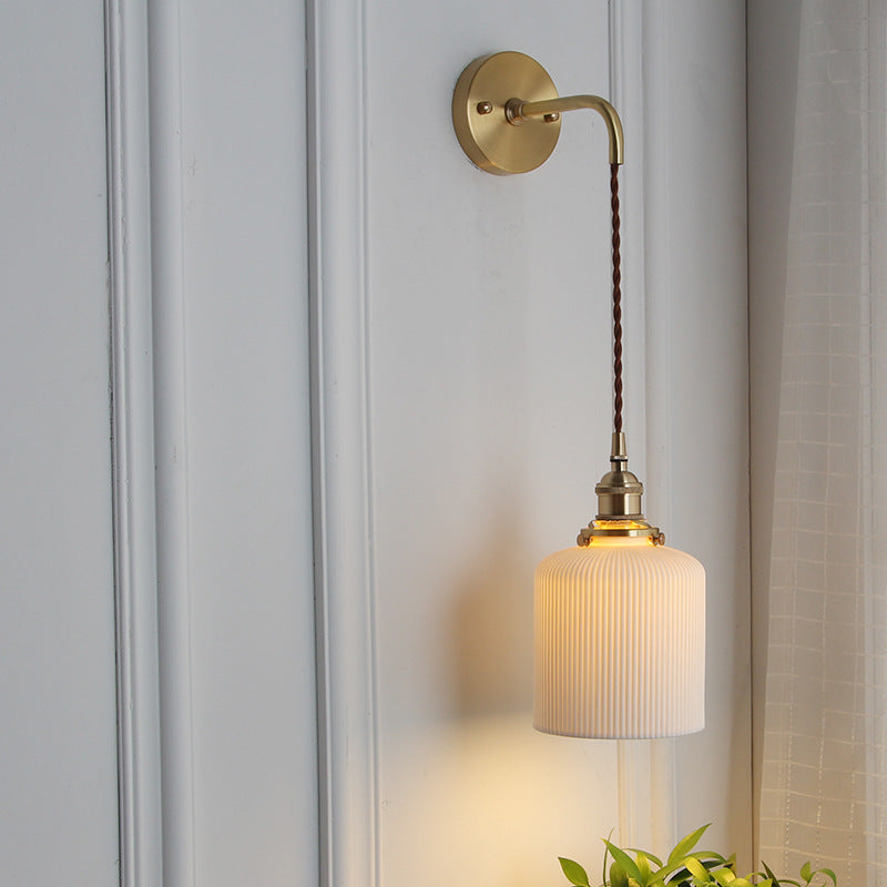 Brass & Ceramic Pleated Wall Light - Modern Japanese Style - 1-Light Sconce - Image 1