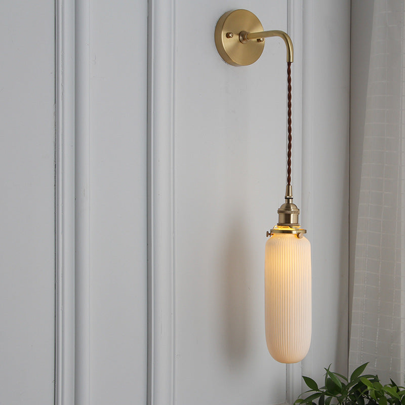 Brass & Ceramic Pleated Wall Light - Modern Japanese Style - 1-Light Sconce - Image 3