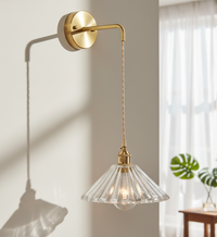 Brass Wall Sconce - Ribbed Glass Shade - Modern Hanging Light Fixture with Fabric Cord