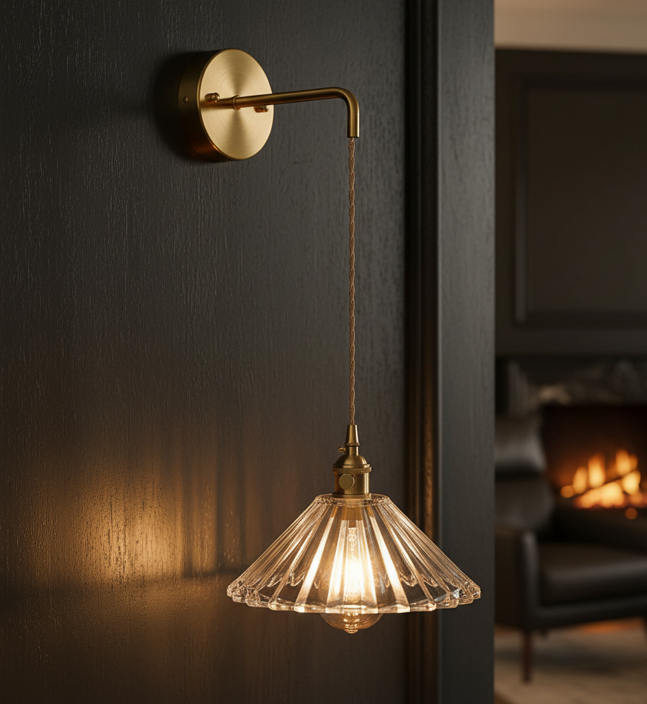 Brass Wall Sconce - Ribbed Glass Shade - Modern Hanging Light Fixture with Fabric Cord - Image 2