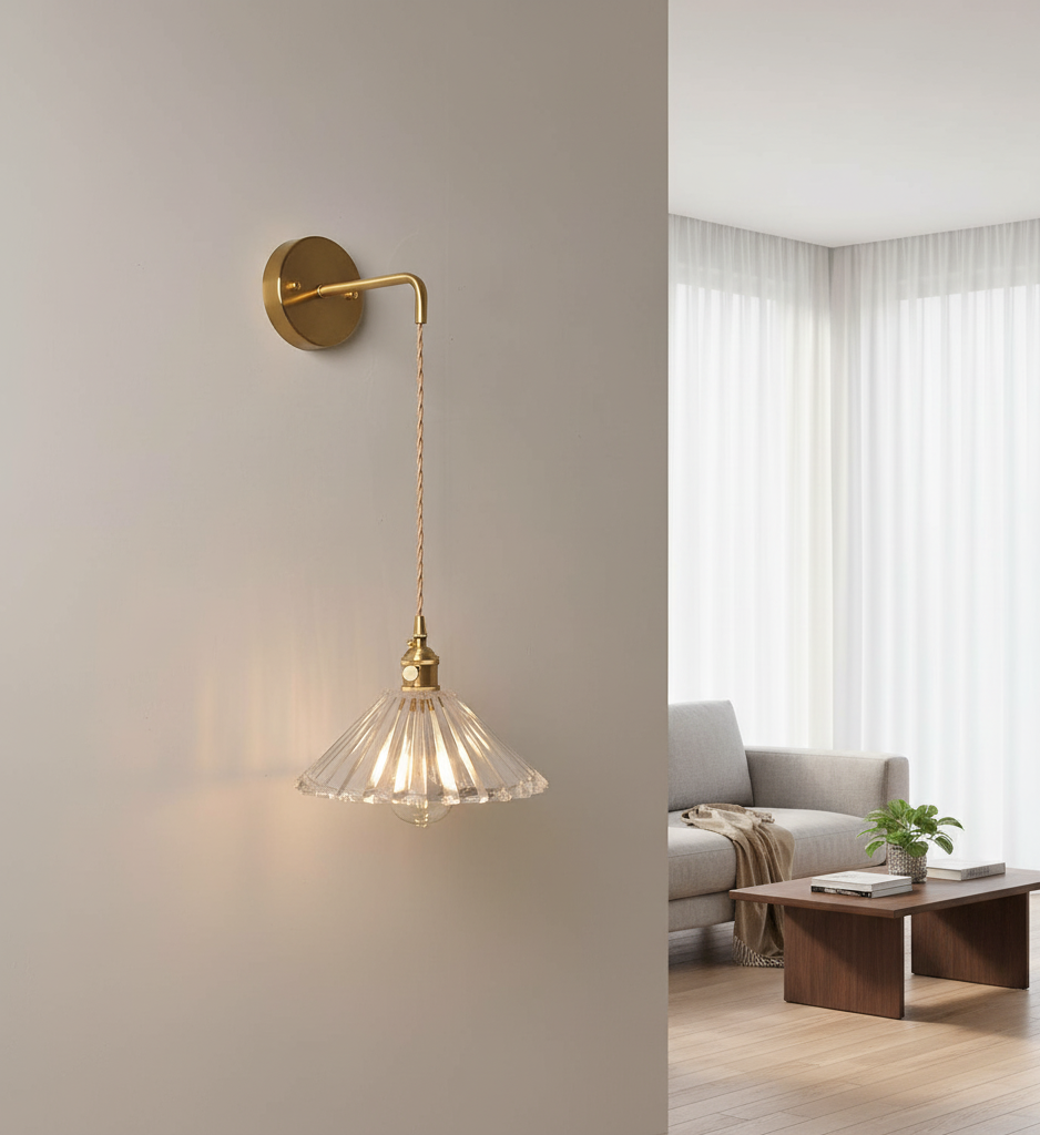 Brass Wall Sconce - Ribbed Glass Shade - Modern Hanging Light Fixture with Fabric Cord - Image 3
