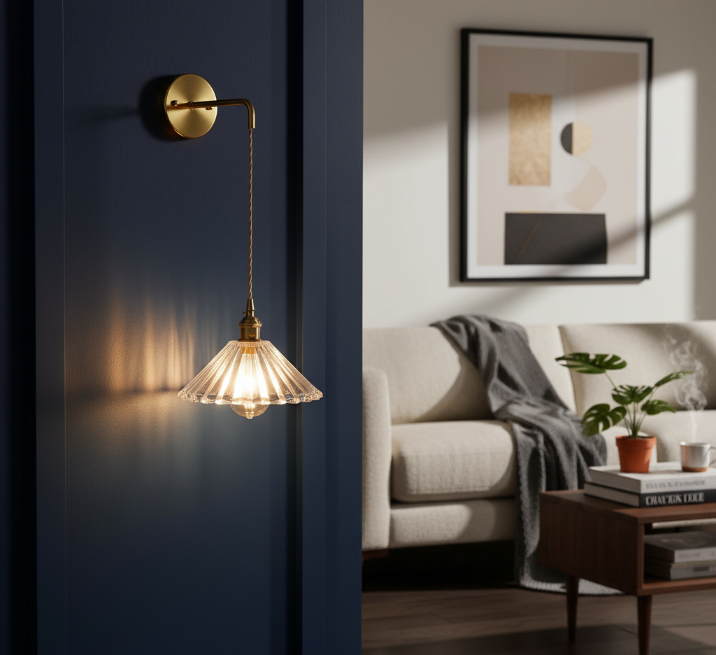 Brass Wall Sconce - Ribbed Glass Shade - Modern Hanging Light Fixture with Fabric Cord - Image 4