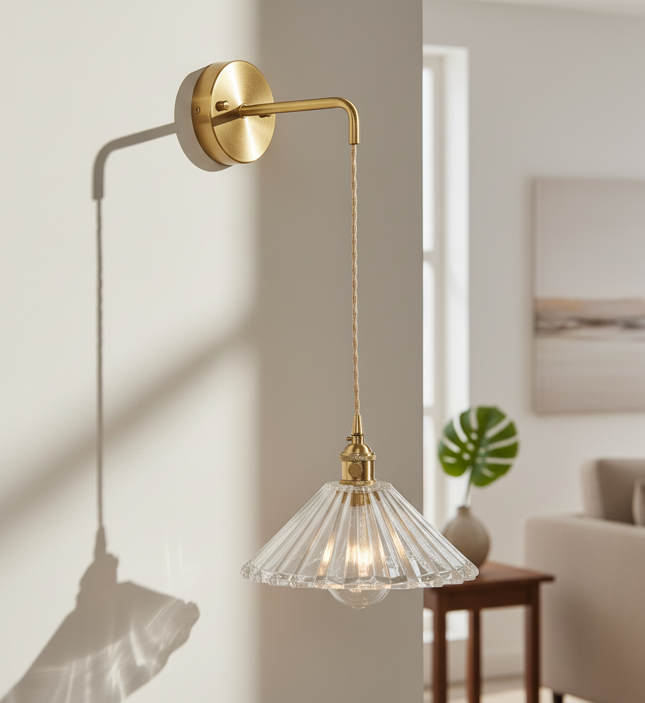 Brass Wall Sconce - Ribbed Glass Shade - Modern Hanging Light Fixture with Fabric Cord - Image 5
