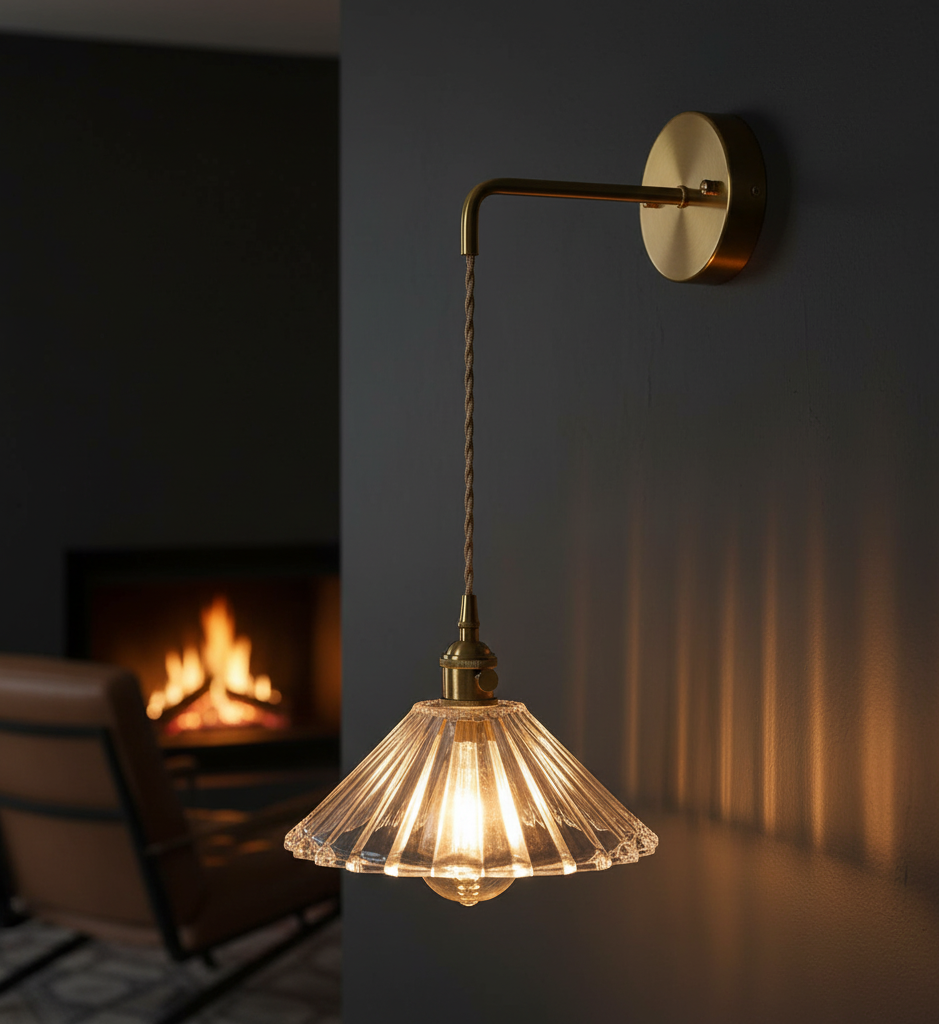 Brass Wall Sconce - Ribbed Glass Shade - Modern Hanging Light Fixture with Fabric Cord - Image 6