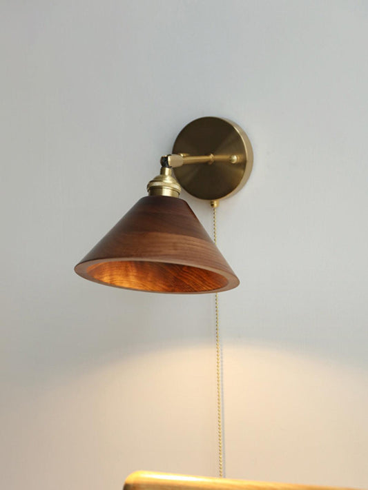 Brass & Walnut Wood Wall Sconce - Dome Shade - Vintage Style - Hardwired Lighting - Image 1