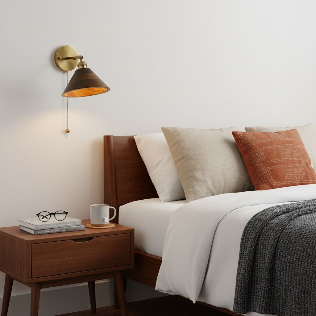 Brass & Walnut Wood Wall Sconce - Dome Shade - Vintage Style - Hardwired Lighting - Image 4