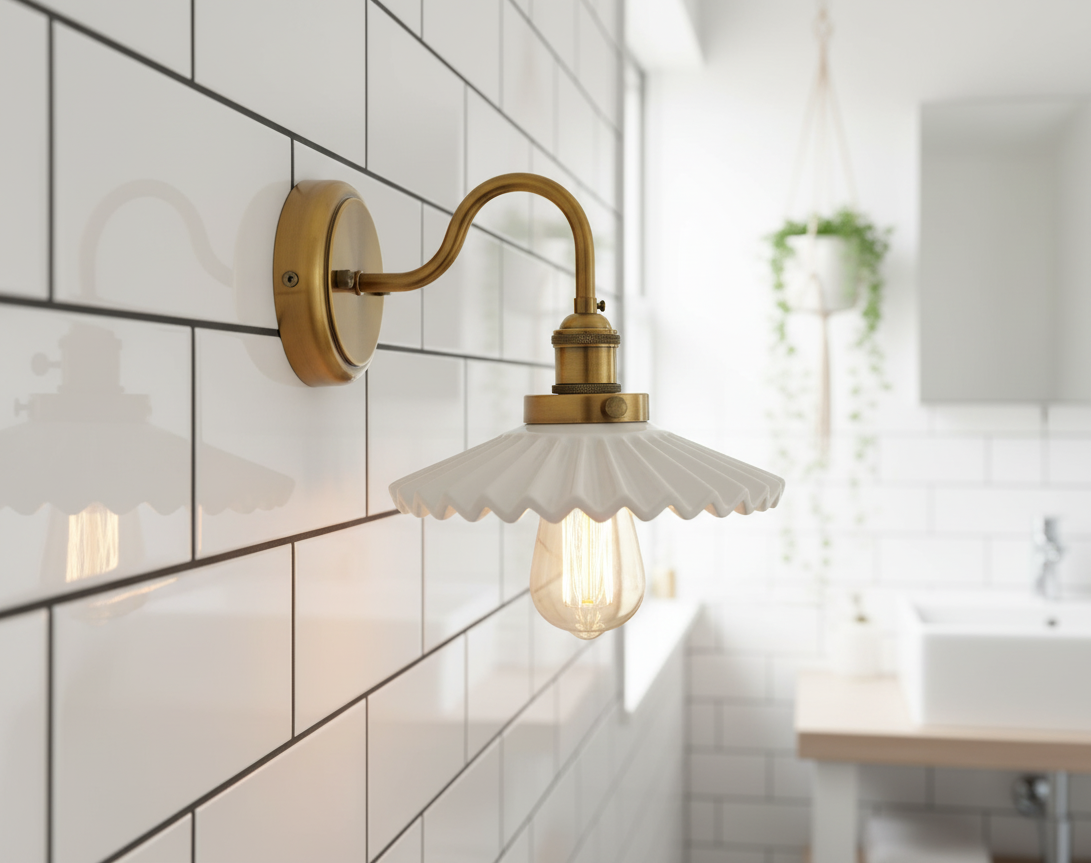 Ceramic Ruffle Shade Wall Sconce - Brass Gooseneck Arm - Vintage Style Lighting - Image 1