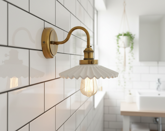 Ceramic Ruffle Shade Wall Sconce - Brass Gooseneck Arm - Vintage Style Lighting - Image 1