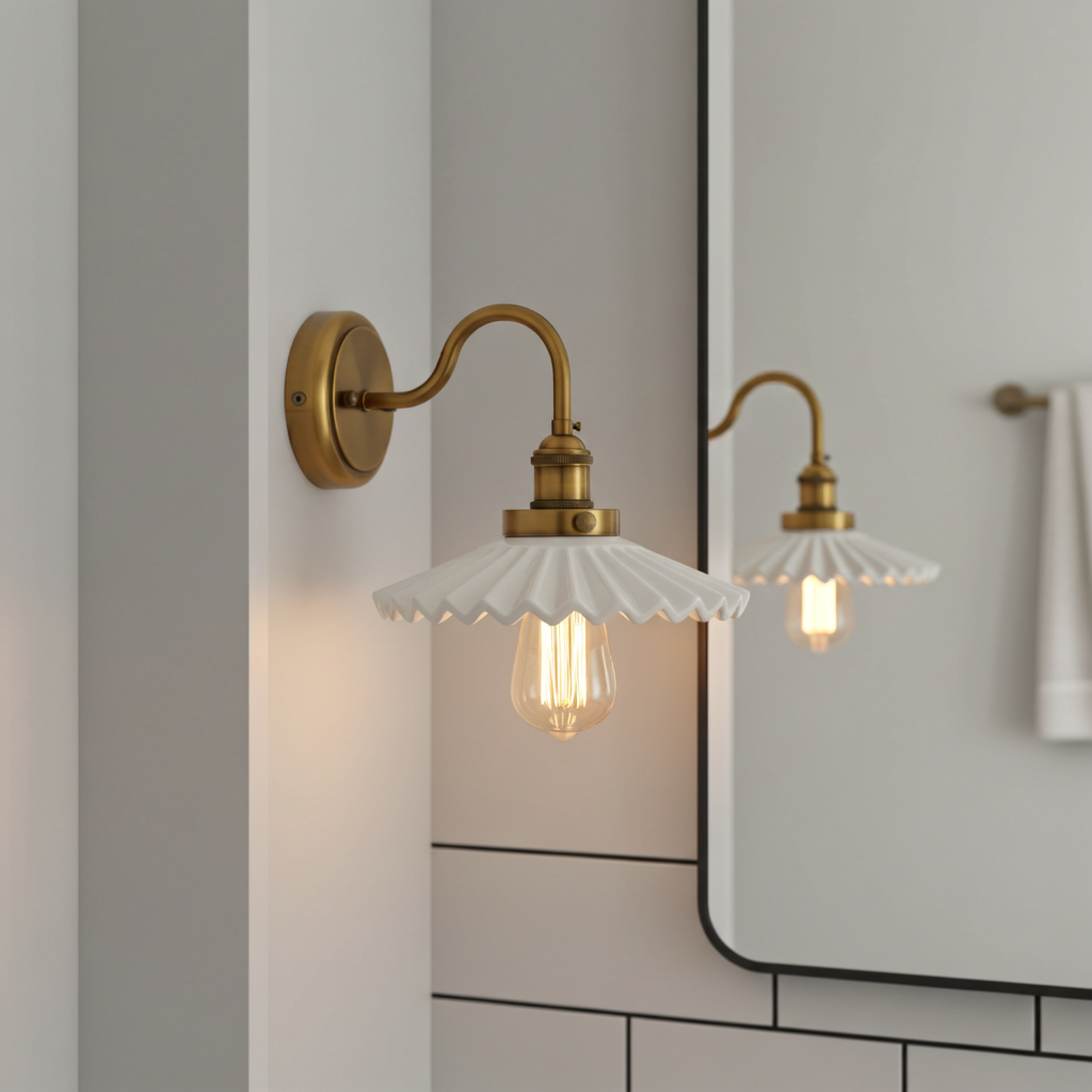 Ceramic Ruffle Shade Wall Sconce - Brass Gooseneck Arm - Vintage Style Lighting - Image 2