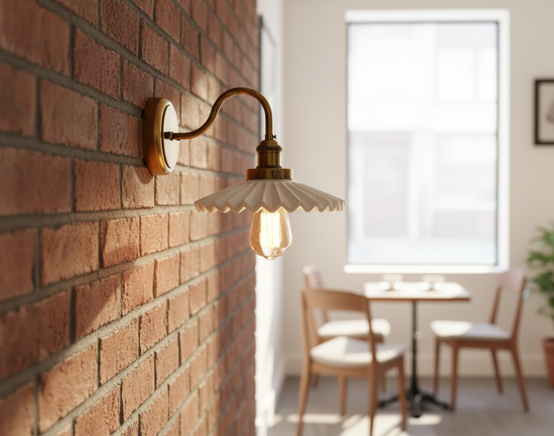 Ceramic Ruffle Shade Wall Sconce - Brass Gooseneck Arm - Vintage Style Lighting - Image 3