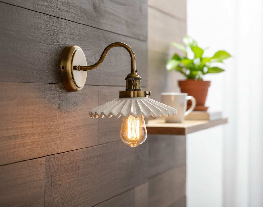 Ceramic Ruffle Shade Wall Sconce - Brass Gooseneck Arm - Vintage Style Lighting - Image 4