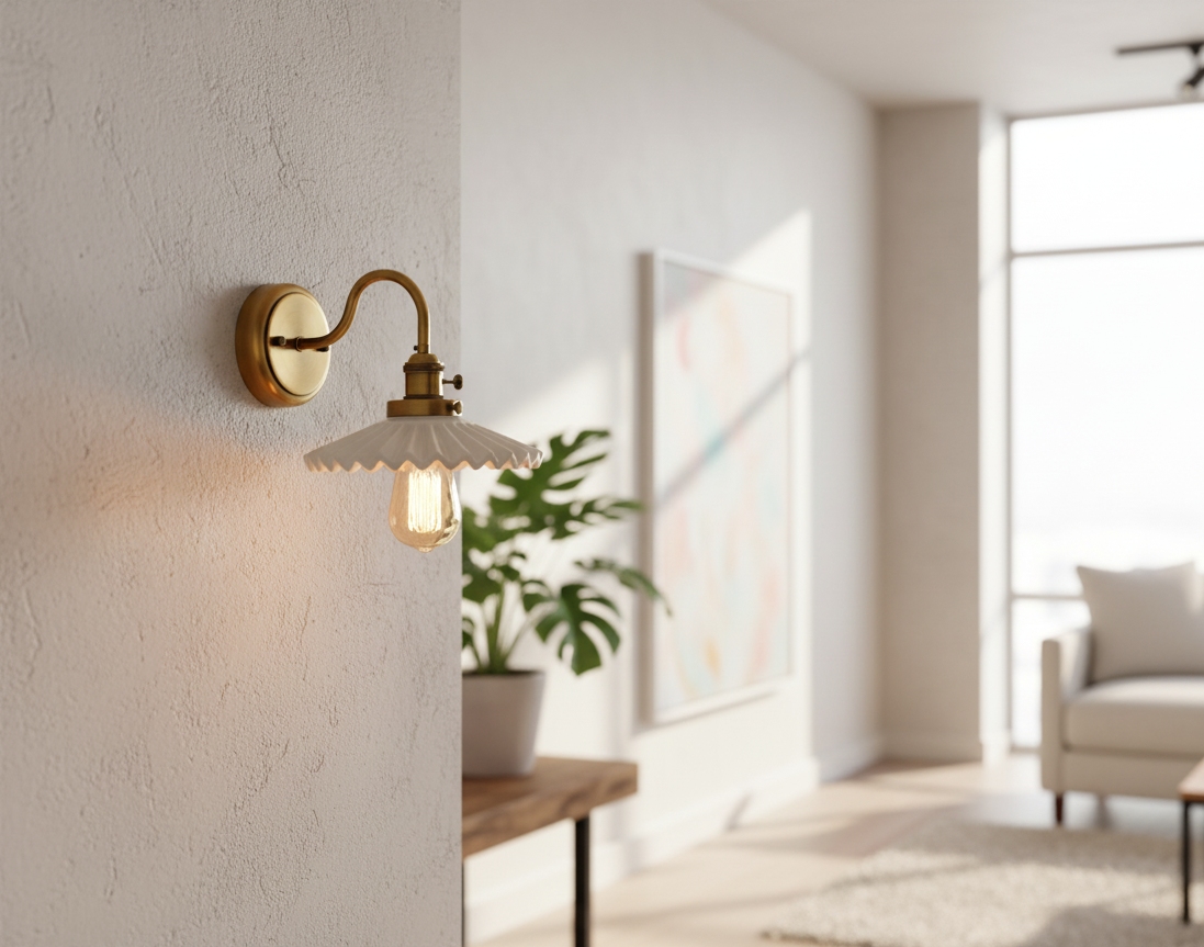 Ceramic Ruffle Shade Wall Sconce - Brass Gooseneck Arm - Vintage Style Lighting - Image 5