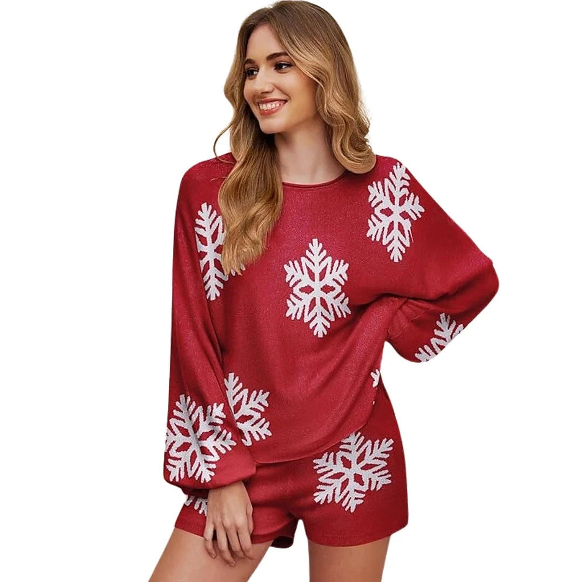 Christmas Pajamas - Knit Shorts Set with Snowflakes