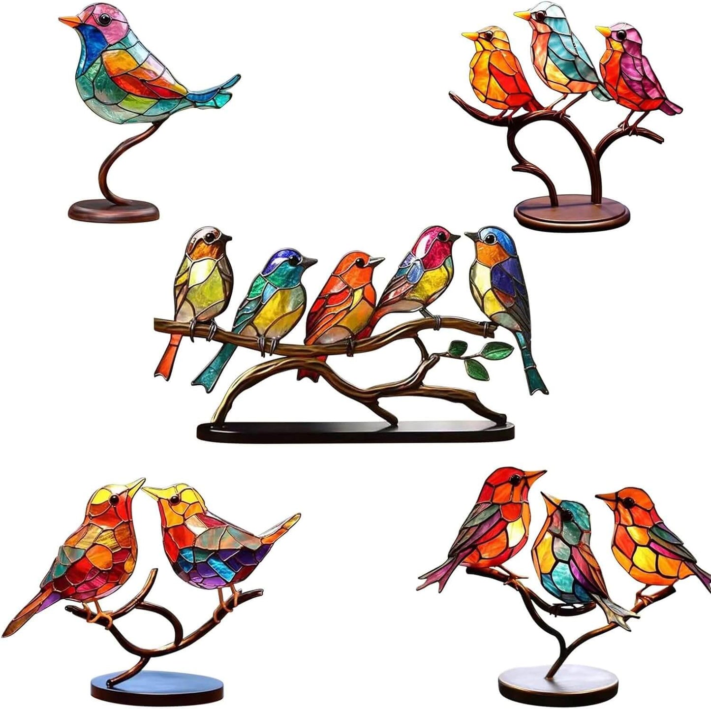Colorful Birds on Branch Desktop Ornaments