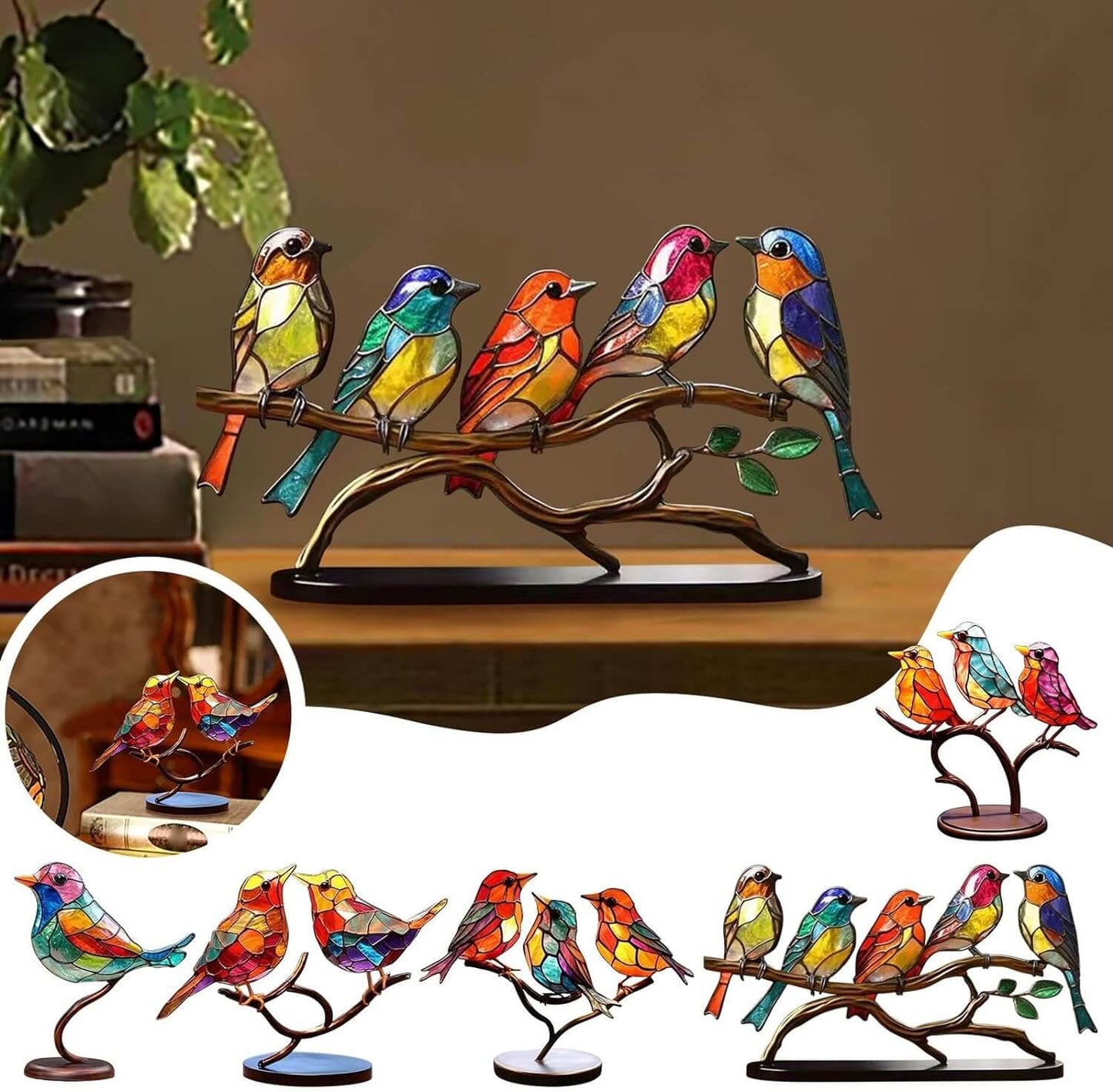 Colorful Birds on Branch Desktop Ornaments