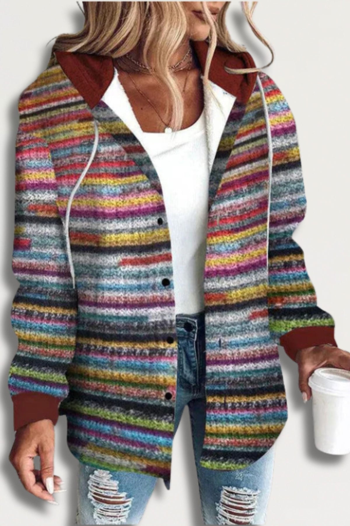 Colorful Hooded Knit Cardigan