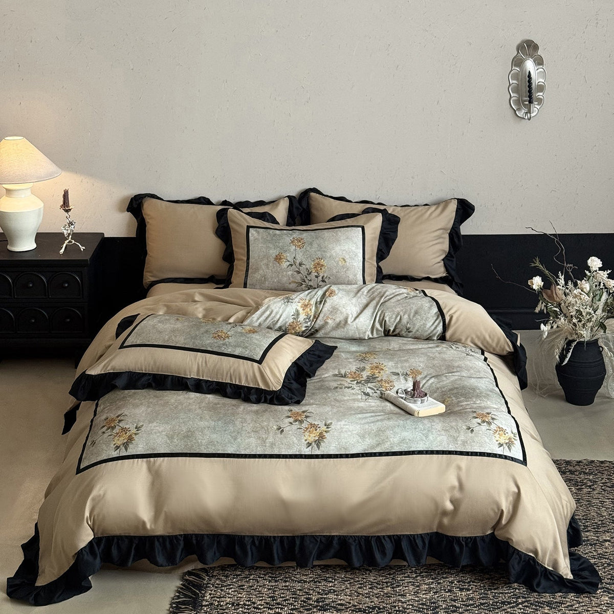 Cotton Bedding Set with Floral Panel and Decorative Ruffles