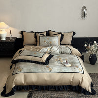 Cotton Bedding Set with Floral Panel and Decorative Ruffles