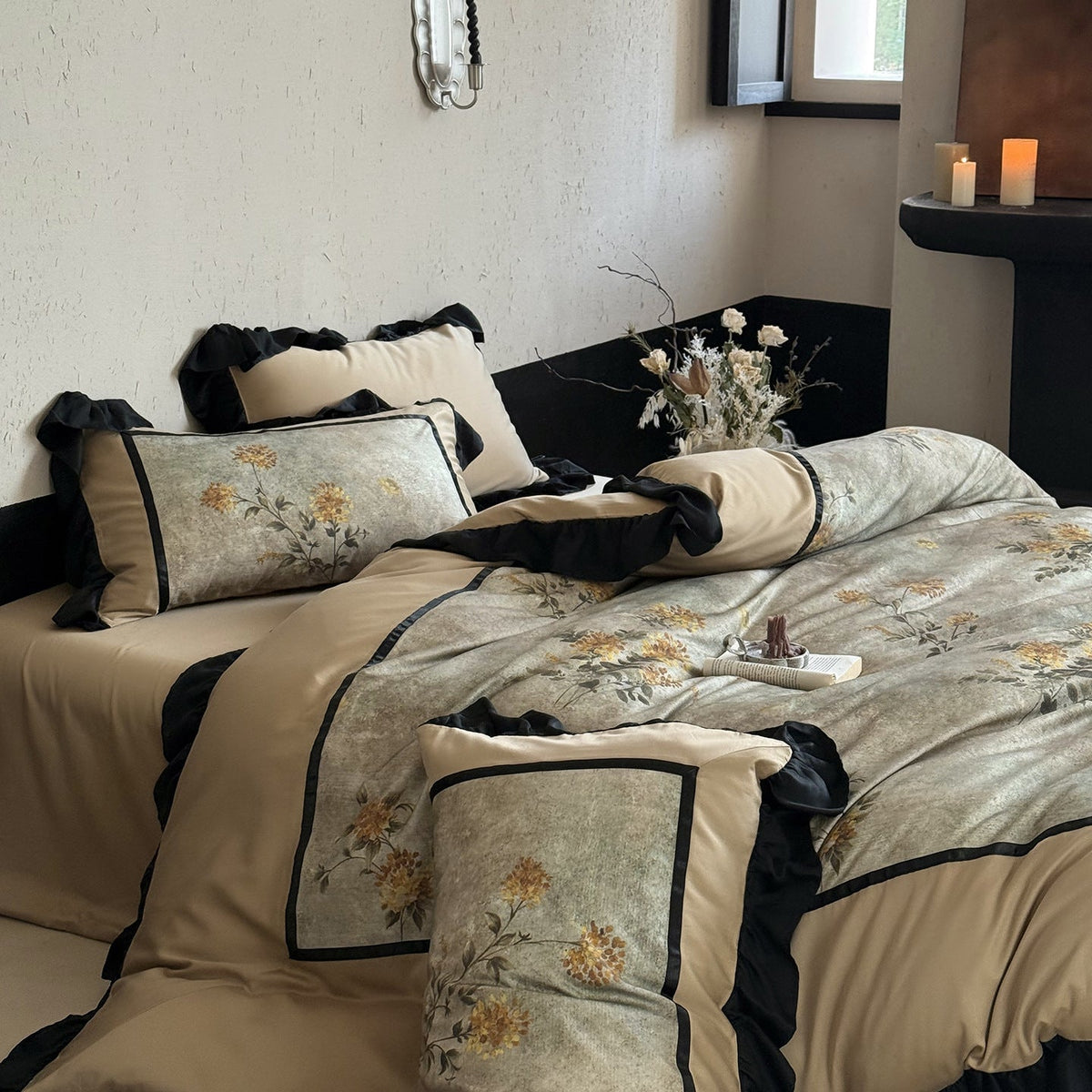 Cotton Bedding Set with Floral Panel and Decorative Ruffles