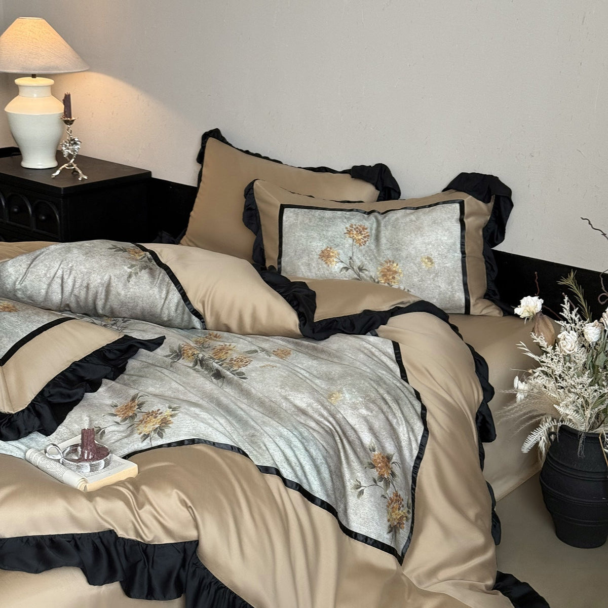 Cotton Bedding Set with Floral Panel and Decorative Ruffles
