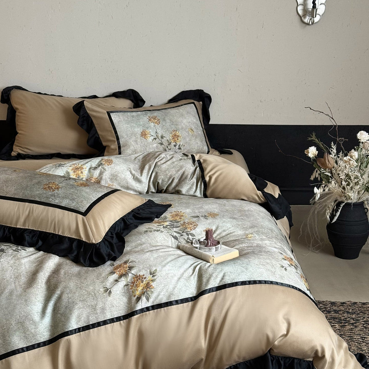 Cotton Bedding Set with Floral Panel and Decorative Ruffles
