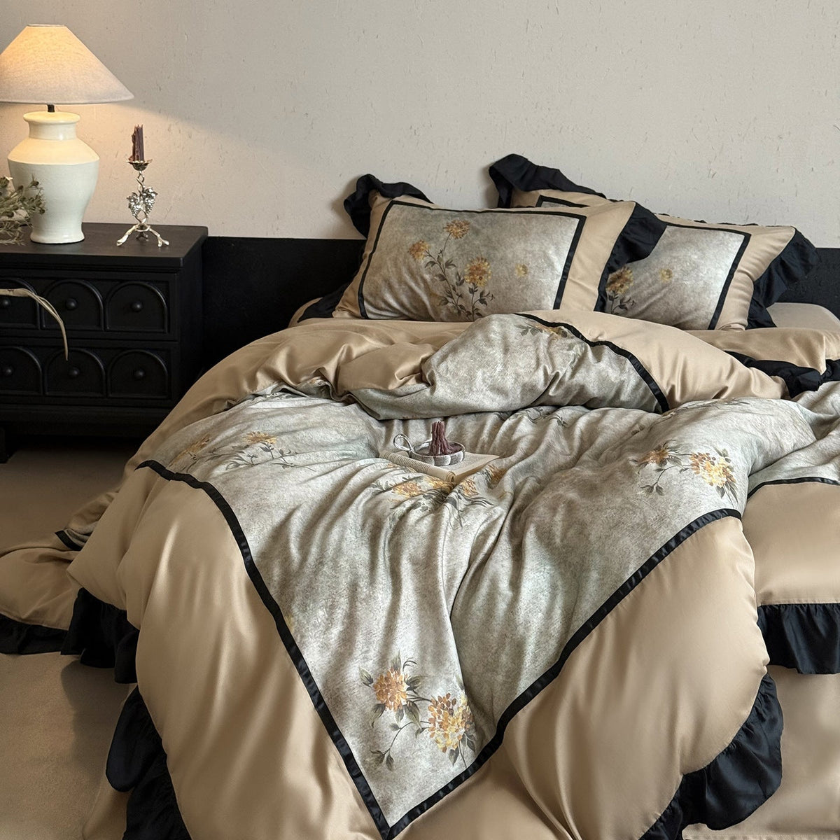 Cotton Bedding Set with Floral Panel and Decorative Ruffles