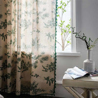 Cotton Linen Curtain - Green Pine and Bird Print - Tassel Edge - Semi-Blackout