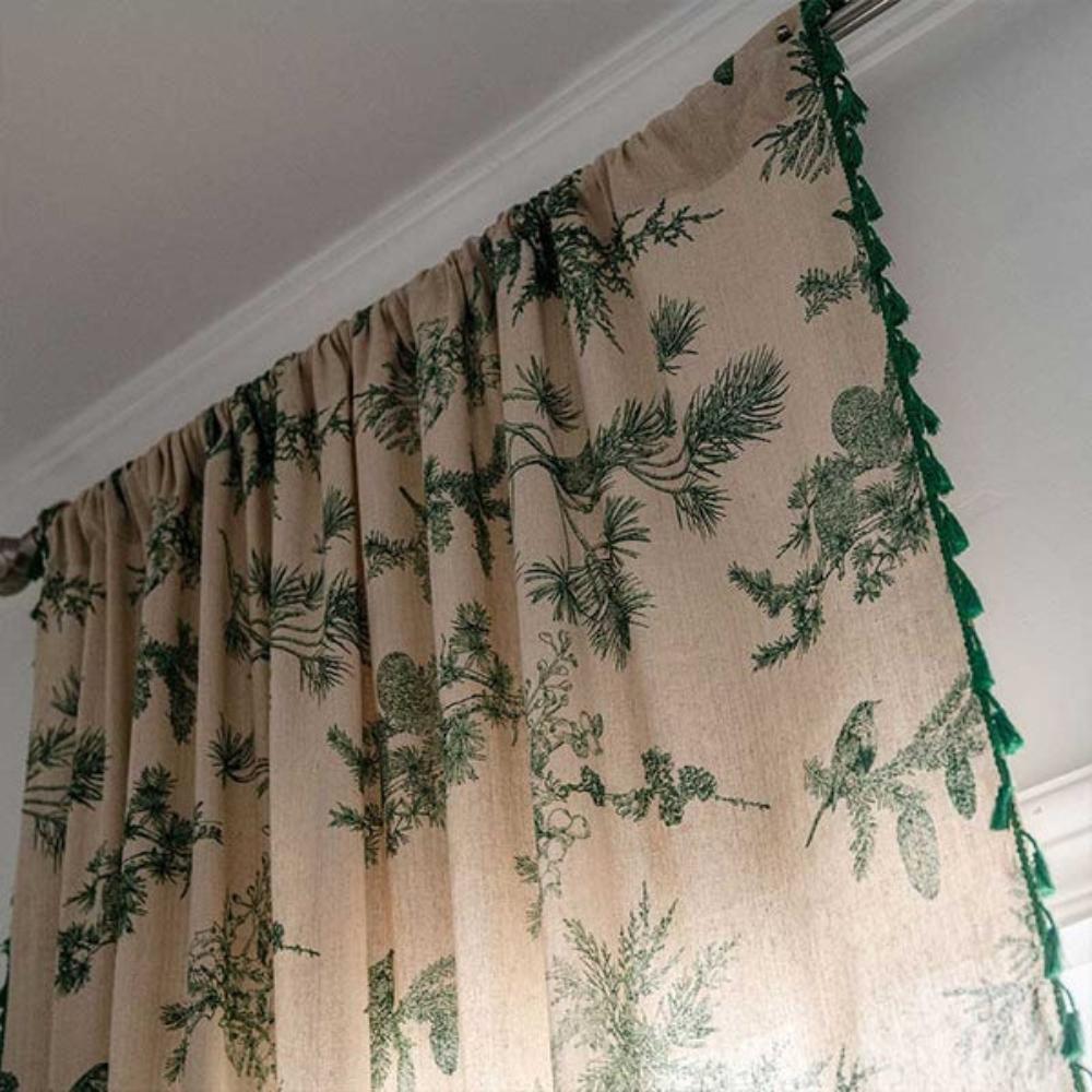Cotton Linen Curtain - Green Pine and Bird Print - Tassel Edge - Semi-Blackout - Image 3