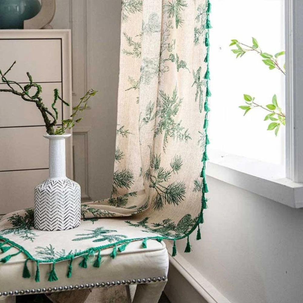Cotton Linen Curtain - Green Pine and Bird Print - Tassel Edge - Semi-Blackout - Image 4