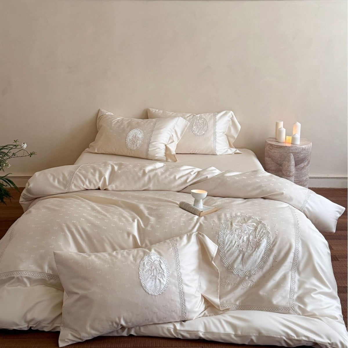 Cotton Sateen Bedding Set with Embroidered Medallion Appliqués and Lace Trim