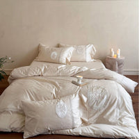 Cotton Sateen Bedding Set with Embroidered Medallion Appliqués and Lace Trim