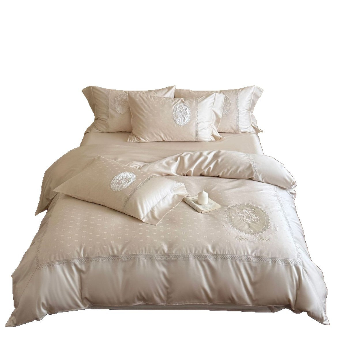 Cotton Sateen Bedding Set with Embroidered Medallion Appliqués and Lace Trim