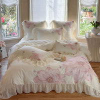 Cotton Sateen Bedding Set with Large Floral Embroidery, Ruffles, and Decorative Pillow