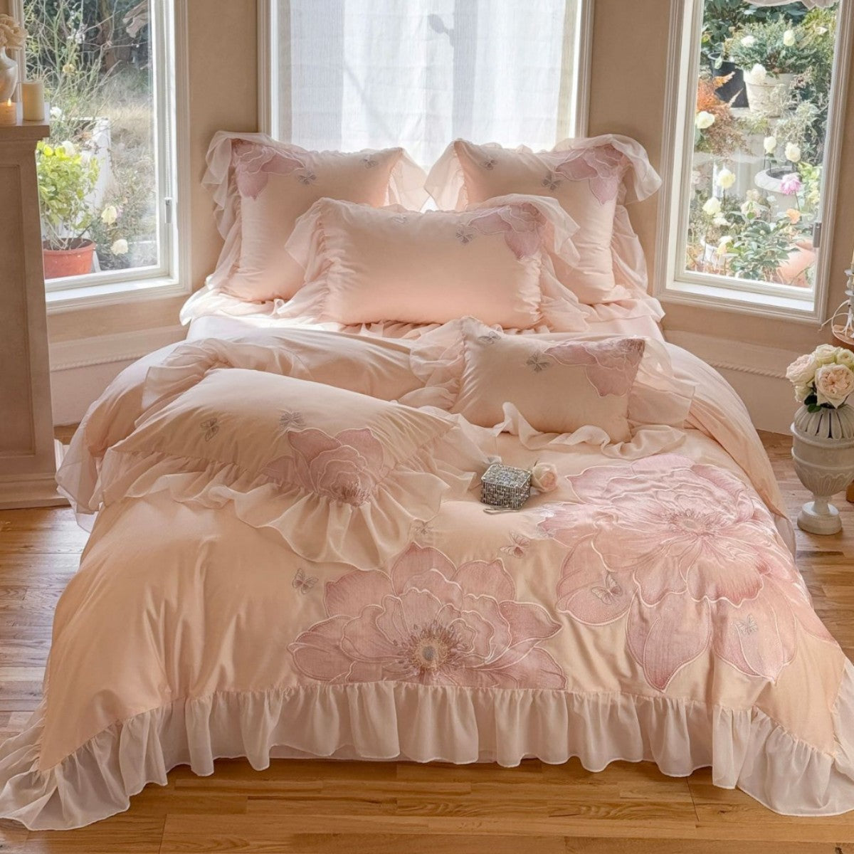 Cotton Sateen Bedding Set with Large Floral Embroidery, Ruffles, and Decorative Pillow