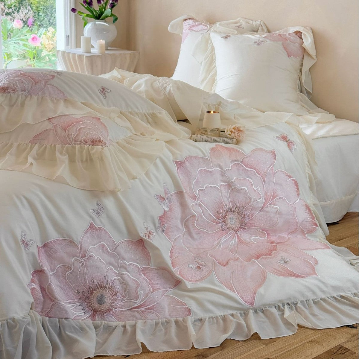 Cotton Sateen Bedding Set with Large Floral Embroidery, Ruffles, and Decorative Pillow