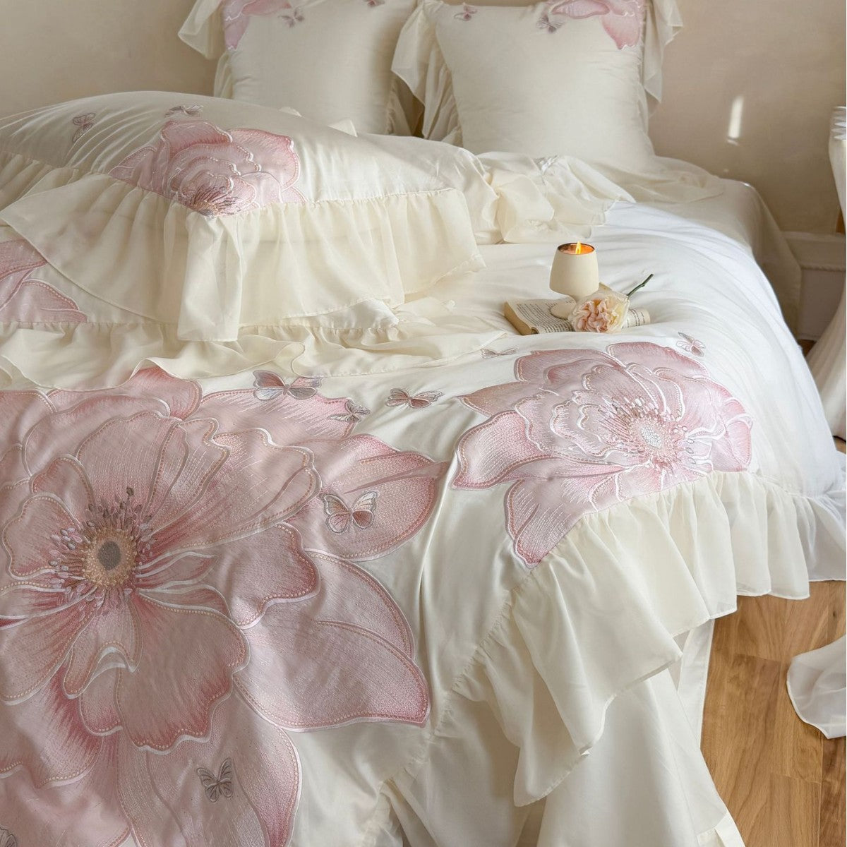 Cotton Sateen Bedding Set with Large Floral Embroidery, Ruffles, and Decorative Pillow