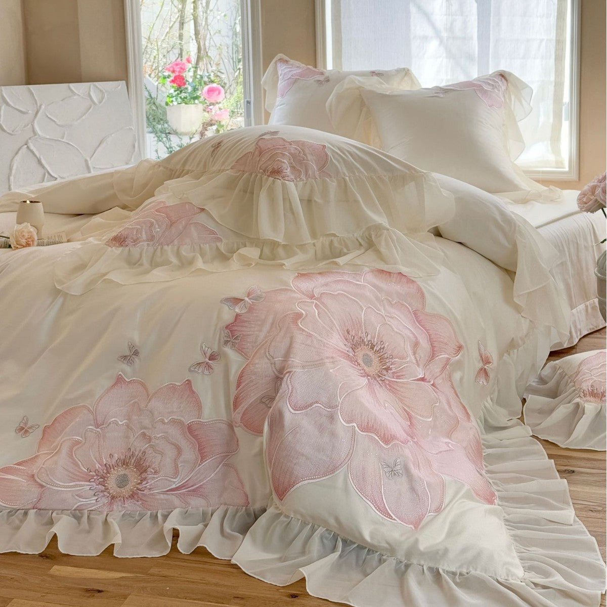 Cotton Sateen Bedding Set with Large Floral Embroidery, Ruffles, and Decorative Pillow