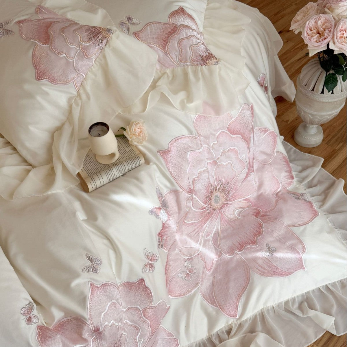 Cotton Sateen Bedding Set with Large Floral Embroidery, Ruffles, and Decorative Pillow