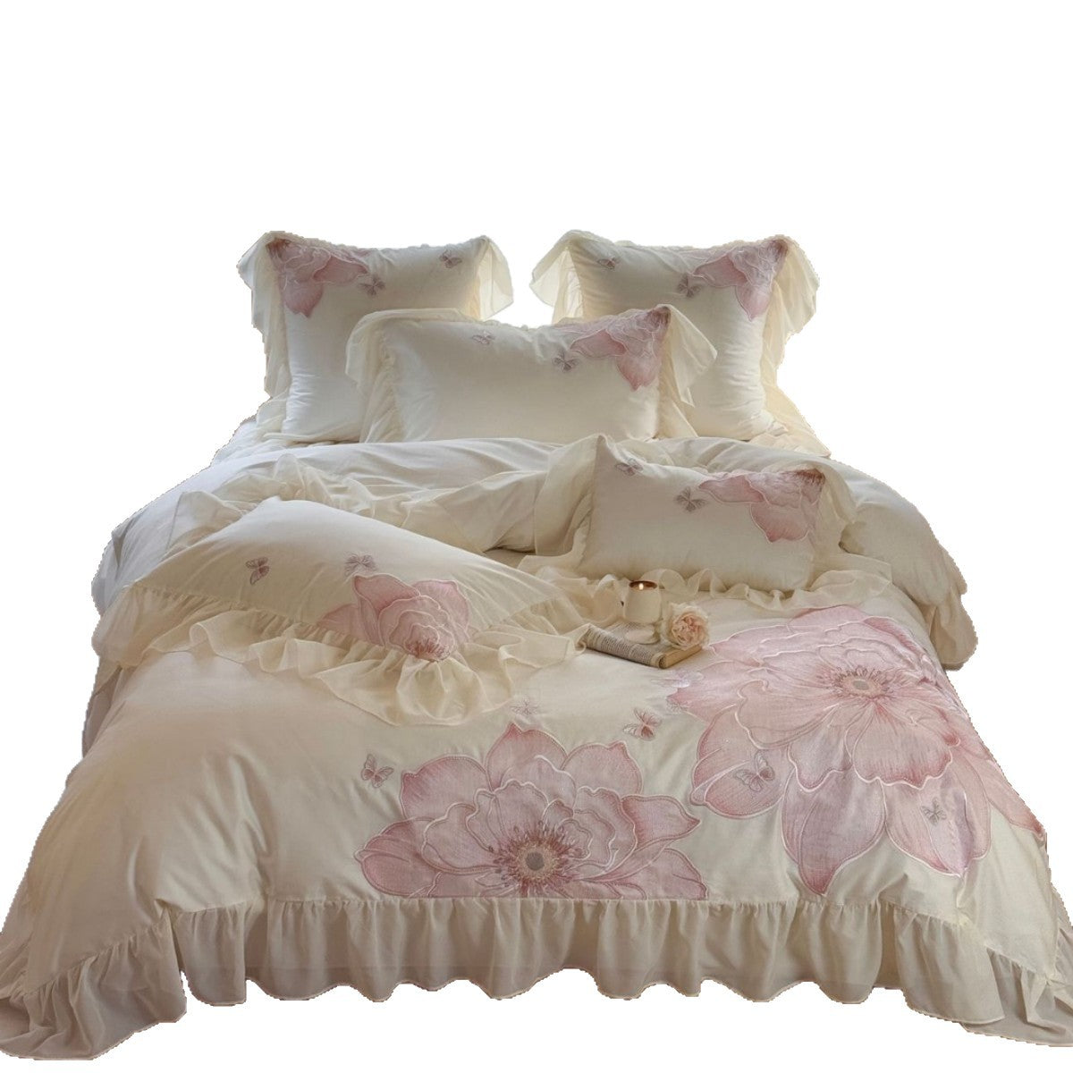 Cotton Sateen Bedding Set with Large Floral Embroidery, Ruffles, and Decorative Pillow