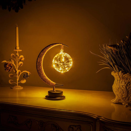 Crescent Moon Table Lamp - LED Fairy Light Sphere - Decorative Night Light - Warm Ambiance - Image 1