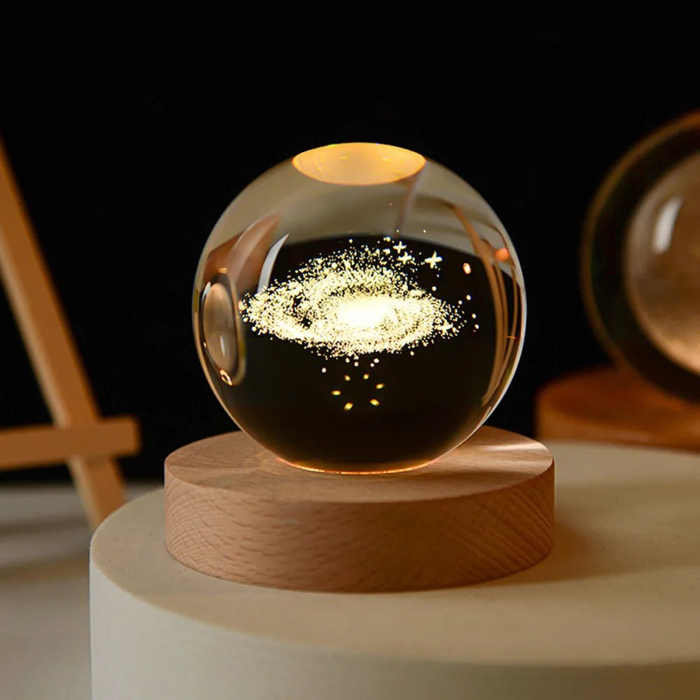 Crystal Ball Solar System Lamp - Wooden Base - Decorative Lighting - Celestial Decor - Image 1