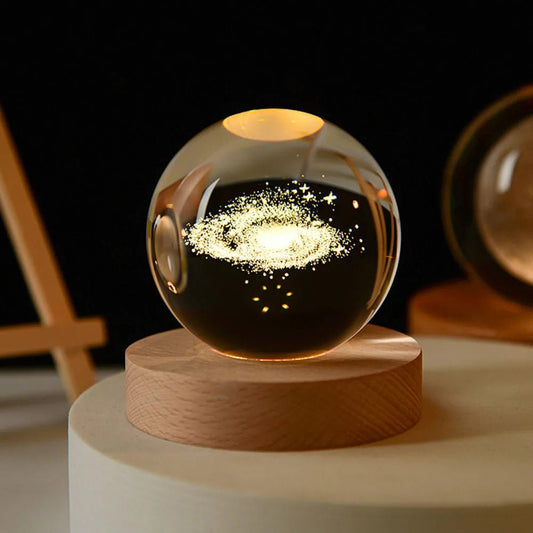 Crystal Ball Solar System Lamp - Wooden Base - Decorative Lighting - Celestial Decor - Image 1