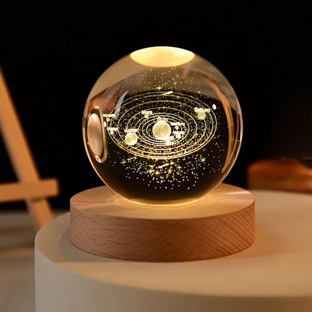 Crystal Ball Solar System Lamp - Wooden Base - Decorative Lighting - Celestial Decor - Image 2